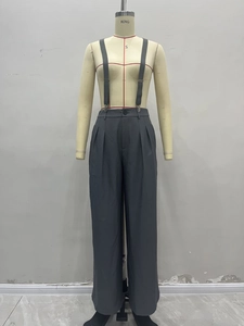 Women high waist wide leg overalls pants with adjustable straps in charcoal grey fabric