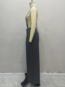 Side view of charcoal grey high-waist wide-leg suspender trousers with sleek pockets