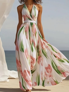 Women Halter V Neck Backless Maxi Dress Floral Print High Waist Summer Beach Vacation Flowy A Line Long Dress