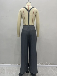 Women's dark grey high-waisted wide-leg overalls with cross-back adjustable straps