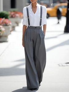 Women High Waist Wide Leg Suspender Pants Office Lady Casual Detachable Straps Solid Color Business Trousers Overalls