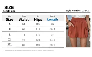Size chart showing S to XXL dimensions for these casual high-waist cotton linen shorts