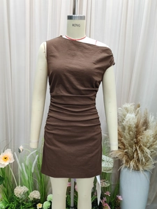 Slim fit dark brown cotton sleeveless dress with side buttons and gathered waist design