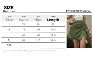 Größentabelle mit S-XL Maßen für olivgrünen Quasten-Skort mit asymmetrischem Saum