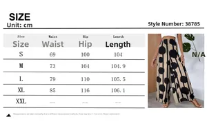 Detailed size chart for bohemian printed wide leg pants with dimensions in centimeters