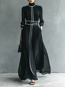 Robe Longue Maxi Élégante Style Français pour Femmes en Mousseline Contraste Col Montant Manches Longues avec Liseré et Ceinture