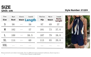Detailed size chart for women's two-piece set with sleeveless top and tailored shorts