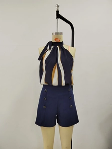 Women's summer two-piece set featuring a striped halter top and buttoned high-waist shorts