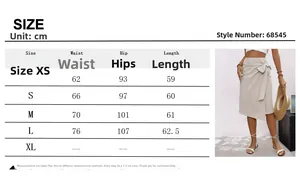Detailed size chart for minimalist midi skirt with side bow tie and dimensions
