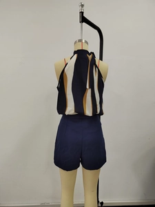 Women's summer two-piece set featuring striped halter top and navy high waist shorts