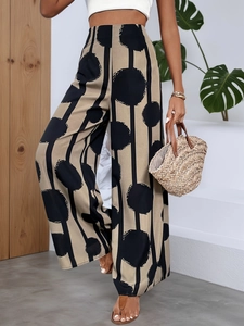 Bohemian high-waisted wide-leg trousers with polka dot and stripe prints for beach wear