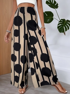 Women Bohemian Polka Dot Stripes Print Wide Leg Pants High Waisted Summer Beach Vacation Casual Loose Breathable Long Trousers