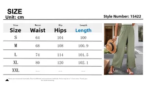 Detailed size chart for green wide-leg casual pants with waist and hip measurements