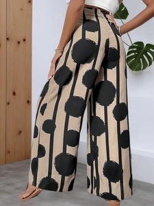 Women's high waist bohemian wide leg pants with khaki and black polka dot pattern