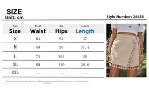 Size chart for the bohemian cotton wrap mini skirt with tassel details and side tie closure