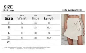 Size chart for high waist wrap skort with side bow and asymmetric hem measurements