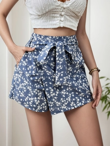Shorts Femme Taille Haute Imprimé Fleuri Jupes-culottes de Plage Décontractées Avec Ceinture à Nouer Poches Bas d'Été