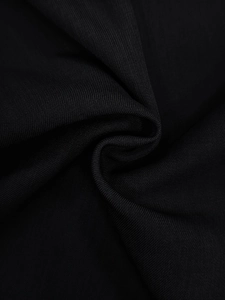 Macro view of black fine-textured fabric showing vertical knit stripes on overalls