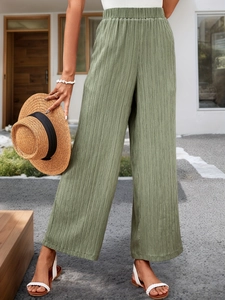 Women Casual High Waist Wide Leg Pants Polyester Plissé Solid Color Elastic Waist Long Trousers Summer Vacation Bottoms