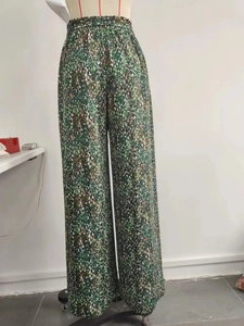Pantalon large à fleurs de style vintage français avec taille haute élastique verte