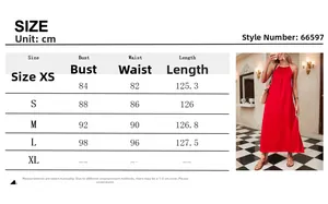 Detailed size chart for the sleeveless halter maxi dress in centimeters from XS to XL