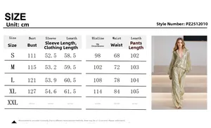 Detailed size chart for women's golden sequin jacket and wide-leg pants two-piece set