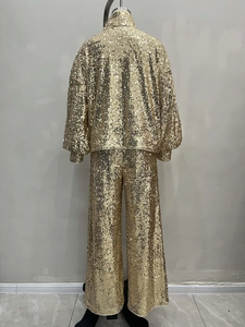 Golden sequin two-piece set featuring stand collar jacket and high-waist wide-leg pants