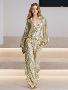 Glamorous Gold Sequin Top And Bottom For Women Half Zip Jacket High Waist Wide Leg Pants Party Clubwear Evening Suit Outfit
