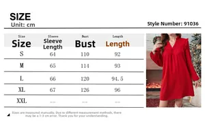 Detailed size chart for red V-neck ruffle long sleeve dress with lantern sleeves