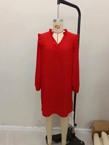 Bright red V-neck long sleeve dress with ruffle trim and casual loose knee-length fit