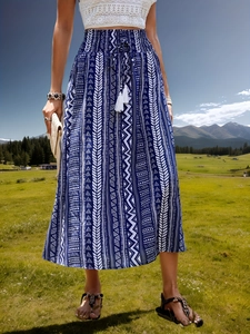 Jupe Midi Bohême Bleu Marine Imprimé Géométrique Femmes Taille Haute Avec Gland Blanc Jupe Ligne A Été Vacances