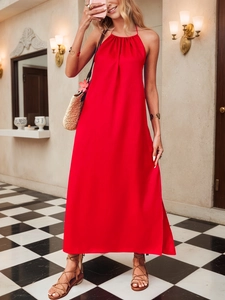 Women Elegant Halter Neck Backless Maxi Dress Satin Texture Solid Color Side Slit Summer Vacation Party Sleeveless Dress