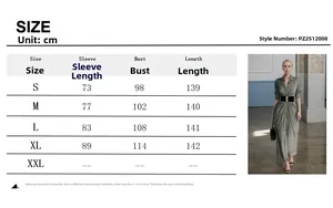 Detailed size chart for long-sleeved button-down maxi shirt dress with belt measurements