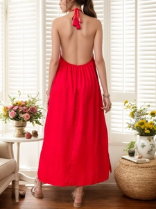 Elegant red halter backless maxi dress with tassel detail for summer vacations