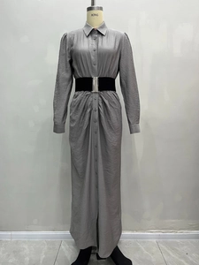 French style dark grey long sleeve shirt dress with lapel collar and waist belt