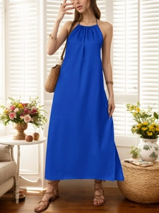 Royal blue halter neck sleeveless maxi dress with pleated collar for summer vacation