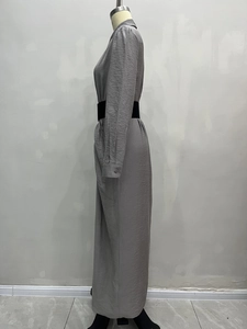 French style grey long sleeve shirt dress with lapels and black waist belt for women