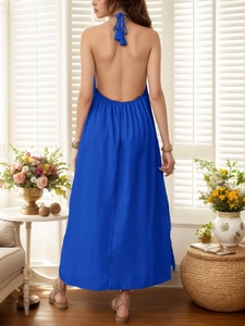 Detailed back view of royal blue halter maxi dress with elegant backless tie design
