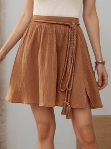Mini-jupe Trapèze Plissée à Taille Haute Pour Femmes Avec Ceinture à Glands Tissée Couleur Unie Marron Jupe Courte Été