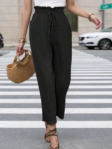 Women high waist wide leg beach pants with elastic drawstring waist in black color