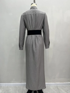 French style grey long sleeve collared maxi dress with a wide black belt for women