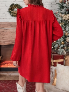 Women's red ruffle V-neck long sleeve dress in loose A-line style for holiday season