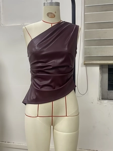 Women's burgundy faux leather one-shoulder top with ruched detailing and slim fit