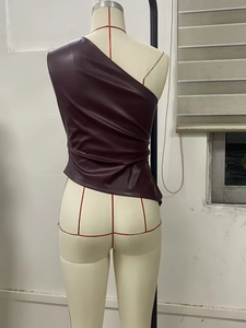 Deep burgundy faux leather one-shoulder sleeveless top with pleated slim fit design