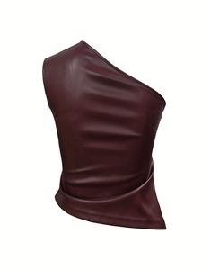 Detail of burgundy one-shoulder faux leather top with side zipper and ruched texture