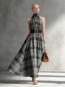 Dames Halternek Geruite Maxi Jurk Mouwloos Hoge Taille Met Riem A-Lijn Lange Jurk Elegant Franse Vintage Zomerfeestjurk