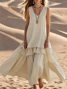 Boho Ärmellos V-Ausschnitt Gestuftes Maxikleid Damen Einfarbig Creme Locker Fließend Strand Urlaub Langes Rüschenkleid