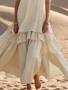 Ärmelloses Boho-Maxikleid mit V-Ausschnitt in Beige mit natürlicher Baumwoll-Leinen-Struktur