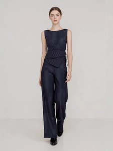 Ensemble Haut Asymétrique Sans Manches Rayé Bleu Marine Et Pantalon Droit Pour Femmes Tenues Élégantes De Bureau Professionnel