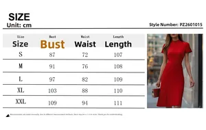 Guide des tailles pour robe plissée rouge avec mesures de buste, taille et longueur
